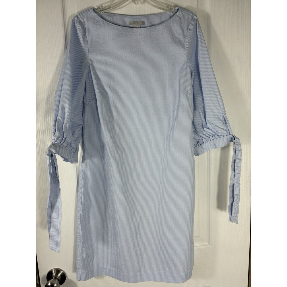 H&M Womens Dress Sz 2 Light Blue Pinstripe Cotton Shift Boat Neck 3/4 Sleeve